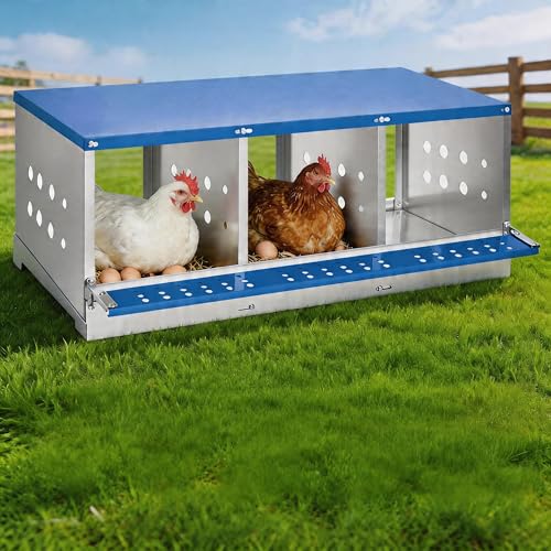 37.8" Metal Chicken Nesting Box, 3-Compartment Poultry Nest Box with Perch and Ventilation Holes, Blue Roof Hen Laying Box for Up to 3 Chickens - color: Blue A, size: 37.8"L x 15.8"W x 18.9"H