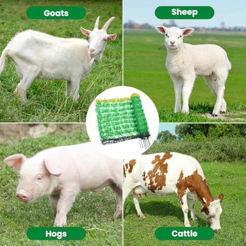 Electric Fence Netting, 49.6" H x 164'L Portable Livestock Nets for Cattle | Sheep, Goat, Hogs, Larger Animals, Electric Fencing with 14 Pre-Assembled Double-Spiked Posts for Backyards, Ranches, Farms