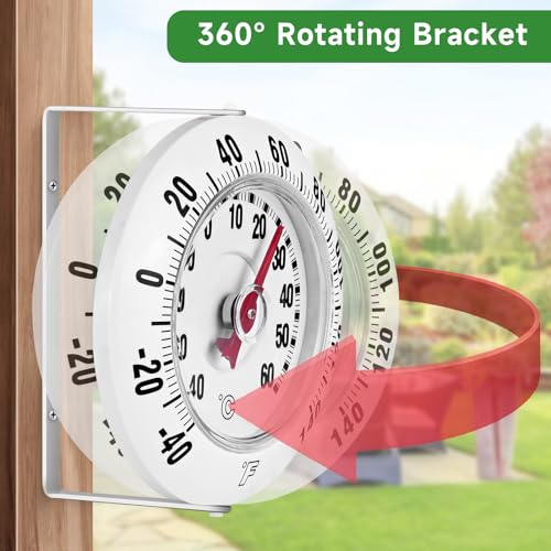 5.5 Inch Indoor Outdoor Thermometer with Mounting Bracket, White | Wall Mounted Garden Thermometer with 360° Swivel, -40 to 140℉