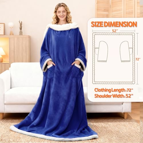 Wearable Heated Blanket With Sleeves & Foot Pocket, Heated Throw Blankets Fast Heating Blanket With 10 Heat Settings Auto Shut Off Over-Heat Protection-Warm Gift, Machine Washable, 52”*72”+18” - color: Blue