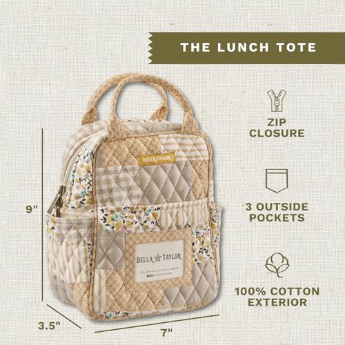 Bella Taylor Lunch Tote, Quilted Lunch Bag, Prairie Meadow Patch | Lightweight quilted cotton lunch box, easy-to-clean PEVA lining, 3 outside/1 inside pocket, durable construction - color: Prairie Meadow Patch