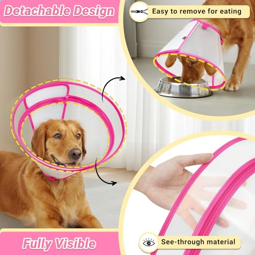 Dog Cone to Stop Licking, Clear Recovery Collar with Detachable Zipper, Sturdy Elizabethan Collar for Large Medium Small Dogs, Soft Adjustable Cone After Surgery Patented, Hot Pink M - color: Hot Pink, size: M(Neck: 11.75"-13.75")