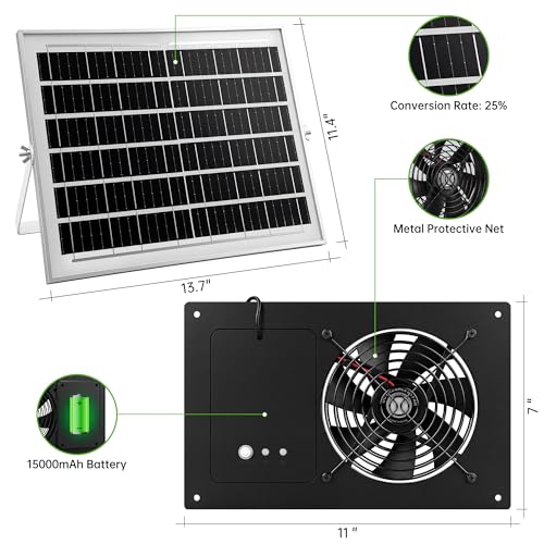 ropelux Solar Exhaust Fans with 15000mAh Battery & 2 Timers, Single Fan | Solar Powered, 24/7 Operation, Airflow Cooling Ventilation, for Chicken Coop,Greenhouses, Dog Houses, Attics, Sheds, Cabins - size: Single Fan