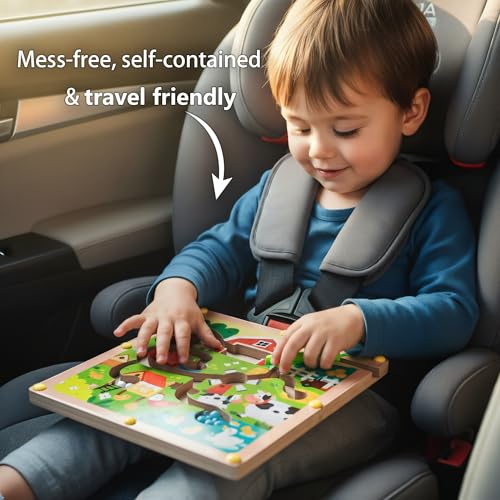 QimuMku Farm Maze Magnetic Busy Board & Travel Toy for Toddlers Ages 2-4 | Magnetic maze travel activity for toddlers that builds fine motor skills, focus and screen-free learning on the go - color: Farm Magnetic Maze