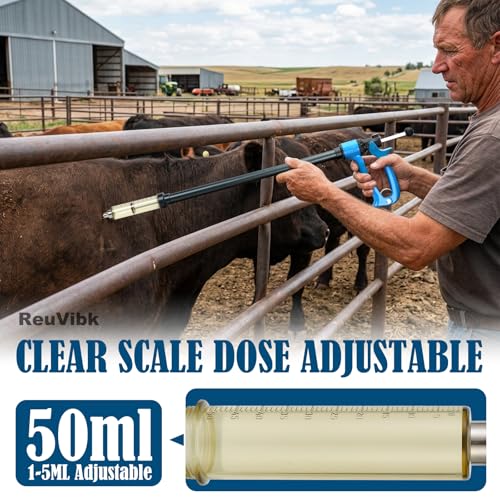 50ml Repeating Livestock Syringe Gun–Long Pole Veterinary Injector | with 5 Dose Settings, Ergonomic Grip, Clear Barrel & Luer Lock for Cattle, Horses, Goats, Sheep, Pigs - size: Blue Long Arm 50ML
