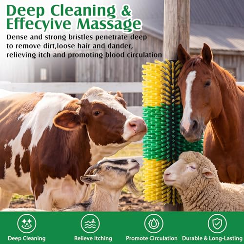 3 Pack Livestock Scratching Brush, Green and Yellow | Animal Scratcher, Itch Relief Grooming, Horse Goat Cow Scratcher, Fence Post Mounting, Durable Bristles, Farm Livestock Care - color: Green and Yellow