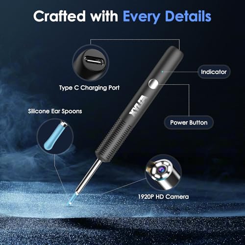 Xylla Ear Wax Removal Kit WiFi Ear Cleaner 1920P FHD Ear Camera,Ear wax remover with 8 PCS Ear Cleaning Kit,Ear Scope Otoscope with 6 LED Lights,Silicone Ear Wax Removal Tool for iOS & Android (Black) - color: Black