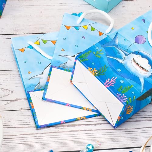 WERNNSAI 16 PCS Blue Shark Party Favor Bags Shark Goodie Bags | Shark Birthday Party Gift Bags with Handles, Under The Sea Ocean Party Supplies, Goodie Bags for Kids Boys Baby Shower - color: Blue Shark B