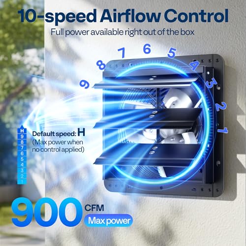 VIVOHOME 10" Shutter Exhaust Fan with EC Motor | 900 CFM, Variable Speed, Timer, Wall-Mounted for Attic, Garage, Greenhouse, Chicken Coop, Barn Ventilation - size: 10"