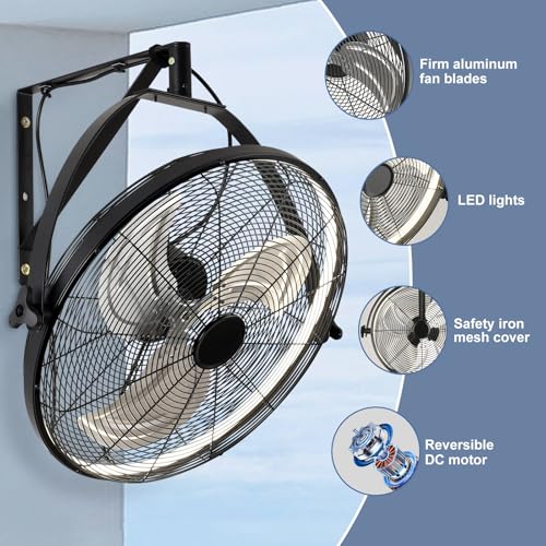 AHAWILL 20 Inch Wall Mount Fan with Lights,6-Speed High Velocity Wall Fan Dimmable Gazebo Fan,360°Adjustable Tilt Industrial Outdoor Fans for Patio,Garage,Workshop,Commercial,Black - size: 20 inch