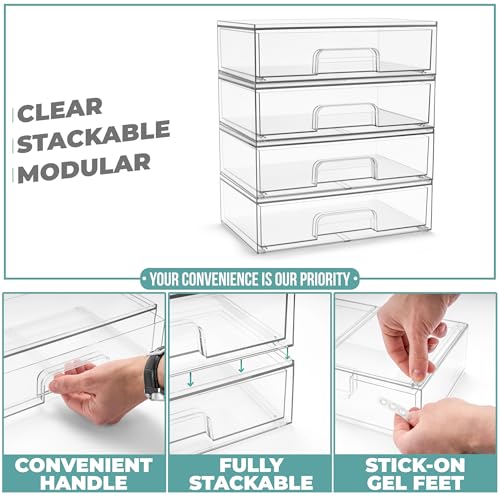 Sorbus Clear Stackable Storage Drawers (4 Pack, 12.1'' Wide) | Acrylic containers with pull-out bins keep cosmetics, brushes and daily items sorted on bathroom counters or in cabinets. - size: 4 Pack, 12.1’’ Wide