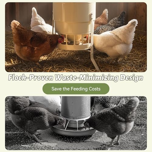 KOL Chicken Feeder No Waste for Coop & Outdoors, 16 Port 50lbs Poultry Feeder with Spill-Control Design, Rust-Proof Powder Coated Metal & Smooth Safe Edges (Jade White) - color: Jade White