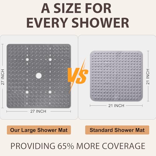 ZOESOE Square Shower Mat Non Slip: 27 x 27 Inches Large Shower Mats for Inside Shower, Soft TPE Shower Floor Mat with Suction Cups and Drain Holes, Machine Washable - color: Grey