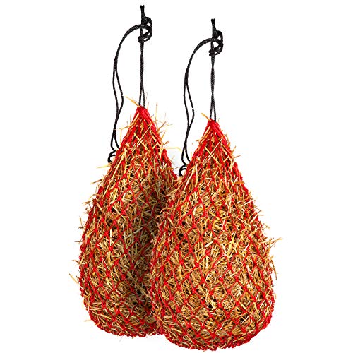 Majestic Ally 2 pcs Slow Feed 42” Hay Net for Horses, Strong Small 2x2” Holes, Nylon Rope Hanging, Adjustable Travel Feeder for Trailer and Stall, Simulates Grazing, Reduce Waste - color: RED