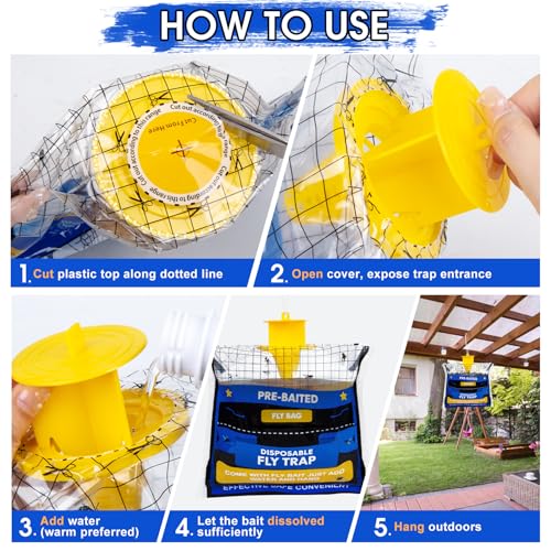 Large 8 Pack Pre-Baited Fly Traps Outdoor Fly Trap for Patio Farm Ranch | 50g Dissolvable Bait Fly Hunter for Flying Insects, Weatherproof Outdoor Fly Bags, Fly Catcher for Chicken Coop Barn - size: 8 Packs
