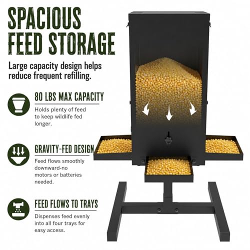 80 lbs Deer Feeder, Gravity Deer Feeder w/Adjustable Feed Outlet | 4 Feeding Tray, View Window, Weatherproof Camo Cover, Metal Deer Feeders for Woodland, Farm, Ranch & Hunting Grounds