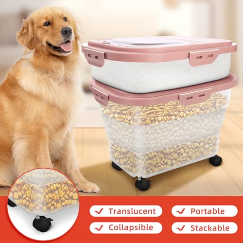 Airtight Pet Food Container, Collapsible Dog Food Storage Container 17-20 lb with Castors, Plastic Dog Food Bin with Pet Food Scoop & Measuring Cup for Dry Food Storage(red) - color: Red