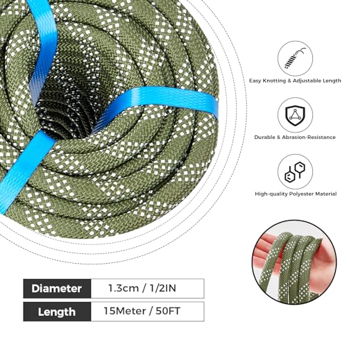1/2 Inch 50ft Double Braided Polyester Arborist Rope, Heavy Duty Nylon Rope for Anchor, Tree Work, Cargo, Pulling, Sailing(ArmyGreen) - size: 1/2in x 50ft, style: Armygreen