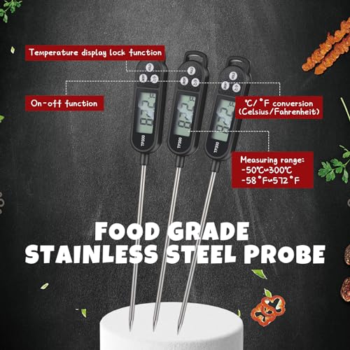 6 Pcs Instant Read Meat Thermometer Long Probe,Black | Probe Waterproof Digital Thermometer, For Cooking BBQ Water Milk Liquids, Quick Accurate Food Temperature - color: Black