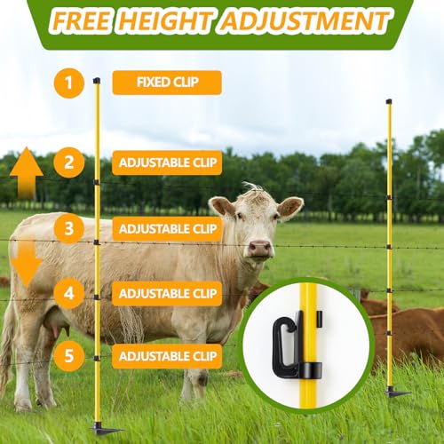 80 Inches Electric Fence Posts Fiberglass Step-in 20 Pack, Temporary Fence Stakes with Adjustable Clips for Livestock, Garden, Farm Protection