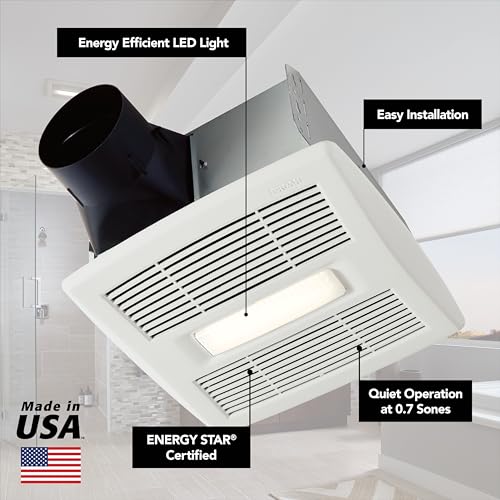 Broan-Nutone AE80BL InVent Series Single-Speed Fan with LED Light, Ceiling Room-Side Installation Bathroom Exhaust Fan, ENERGY STAR Certified, 0.7 Sones, , White , 80 CFM 0.7 Sones - size: 80 CFM .7 Sones