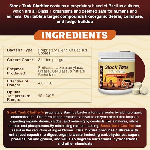 Stock Tank Clarifier - Improves Livestock Water by reducing buildup and Creating Healthier Water troughs. Safe for Horses, Cattle, Sheep, Goats & Chickens. (Tablet, 25, Count)