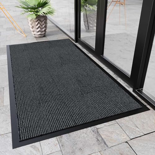 Front Door Mat Outside Entrance, Dirt Trapper Doormat 72" x 48" | Non Slip Indoor Outdoor Welcome Mat for Entryway, Absorbent Commercial Floor Mat for High Traffic Area, All Weather, Grey - color: Dark Grey Striped, size: 4' x 6' (Rectangular)