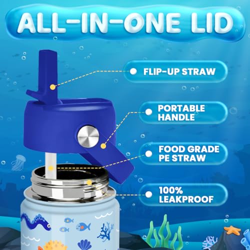 SANDJEST Kids Water Bottle with Straw Lid - 12 Oz Insulated Stainless Steel Ocean Water Bottles for Kid Boys - Travel Cup for School Sports - color: Ocean Animal 1