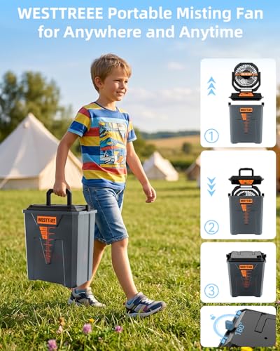 WESTTREE Portable Misting Fan, Large Rechargeable Battery Powered Mist Fan, Long Lasting Runtime, 3 Nozzles Mister Design, Portable Fan for Home Patio Camping Outdoor mist Daily Cooling fan