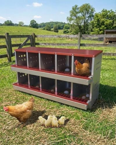 Galvanized Steel Chicken Nesting Boxes, 10-Hole Laying Boxes with Front Egg Tray ＆ Vent, Roll Away Nesting Box for Hens, Includes 10 Training Eggs, Red - color: Red