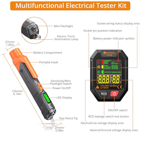 Neoteck Professional Electrical Testing Kit: Digital Multimeter Voltmeter & Voltage Detector Pen with Receptacle Tester, AC/DC Voltage, Current, NCV, Continuity, Live Wire, Circuit Tester