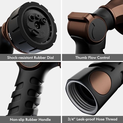 RESTMO Heavy Duty Hose Nozzle, Metal Garden Water Hose Sprayer | 7 Watering Patterns, Easy Thumb Control, On Off Valve, leak proof Nozzle Sprayer for Watering Plants, Washing Car & Pet - color: Oil Rubbed Bronze