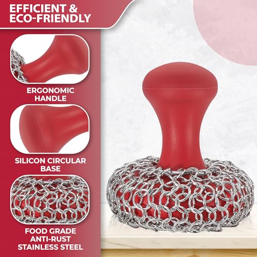 316L Chainmail Scrubber Cleaner Kit - Skillet Cleaner with Long Grip Handle | 316L Chainmail Scrubber + Pan Scraper + Long Handles - 316 Cast Iron Cleaner - Chain Mail Scrubber for Cast Iron Pans - style: Red CIS with Scraper (Handle)
