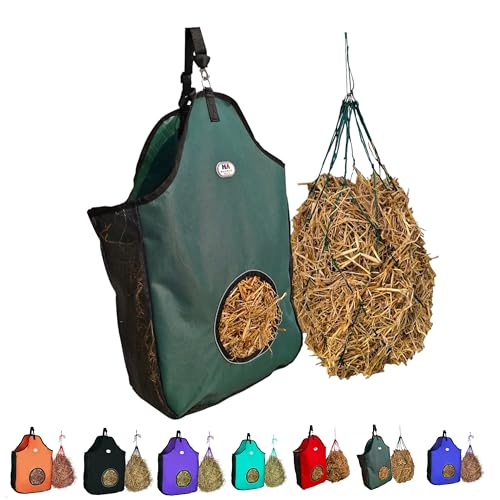 Majestic Ally 1200 D Hay Feeder Tote Bag for Horses, Sheep with Reflective Trim- Reduces Waste - Comes with 36” Hay Net. (Hunter Green) - color: Hunter Green