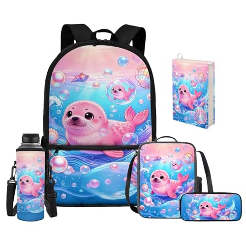 Upetstory Cute Seal Backpack for Girls School Bag Set Boys Lunch Box Pencil Case Kids Schoolbag Elementary Bookbag Students Bookbag Kindergarten Preschool Water Bottle Sleeve Book Cover - color: Seal