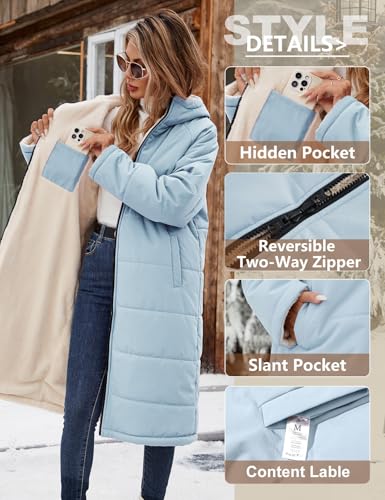 Yusongirl Women's Reversible Long Winter Puffer Coat with Hood and Fleece | Two wearable sides for winter commutes, school runs and city errands, with quilted warmth, soft fleece, a hood and pockets - color: Blue, size: XX-Large