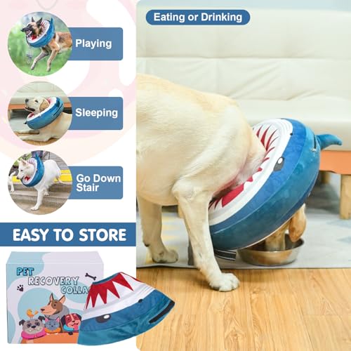 BEAUTYZOO Dog Cone Collar Alternative After Surgery,Pet Neck Donut E‑Collar | Soft Cone for Dogs to Stop Licking, Adjustable Recovery Collar for Large Medium Small Pets, Not Block Vision - Shark Blue, M - color: Shark Donut, size: M(Neck:13"-16")