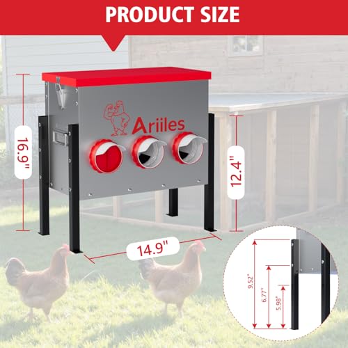 Automatic Chicken Feeder, Metal Poultry Feeder, Chicken Feeders | 40LB Poultry Feeder With Stand & 6 Ports. Includes Bonus Vegetable Net, Feeder Sealant And Anchor Stakes For Chicken. - size: 40 LB