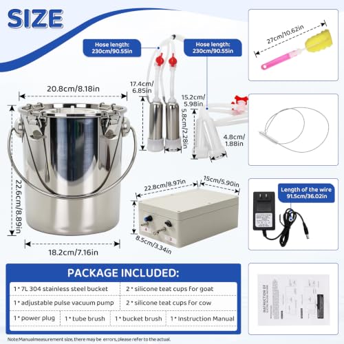 2-in-1 Goat and Cow Milking Machine, 3.7Gal Stainless Steel Bucket with 5200mAh Built-in Rechargeable Battery, Cordless Electric Vacuum Pulsator, 4 Teat Cups, Portable Electric Milking Machine (7L)