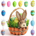 Easter Basket Decoration with Handle, Handmade Straw Bunnies, 12 Hanging Easter Eggs,Carrot Baskets for Easter Egg Candy Storage, Spring and Easter Home Table Decor, Mantle Centerpiece