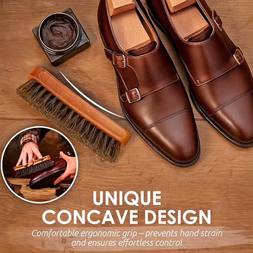 TAKAVU Shoe Brush 100% Genuine Horse Hair, Won't Scratch Leather (2pcs) | Horsehair Shoe Shine, Buff & Polish Brush for Boots, Dress Shoes, Bags, Belts & Furniture, Concave Wood Handle - size: 2pcs