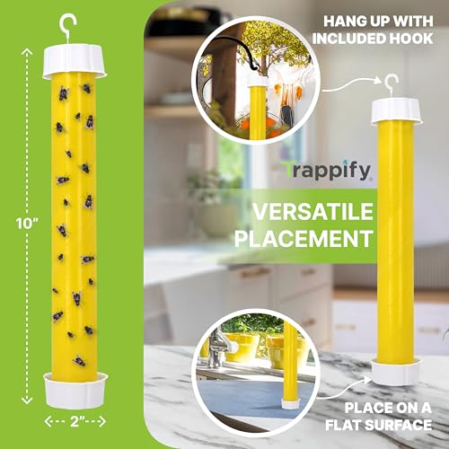 Trappify Hanging Fly Trap & Fruit Fly Traps for Indoors, Yellow, 8 Pack | Recycled Paper Stick with Ultra-Tacky Adhesive and Bait Cup, Hangs in Kitchens, Patios, Barns, Catches Flies and Gnats - size: Pack 8