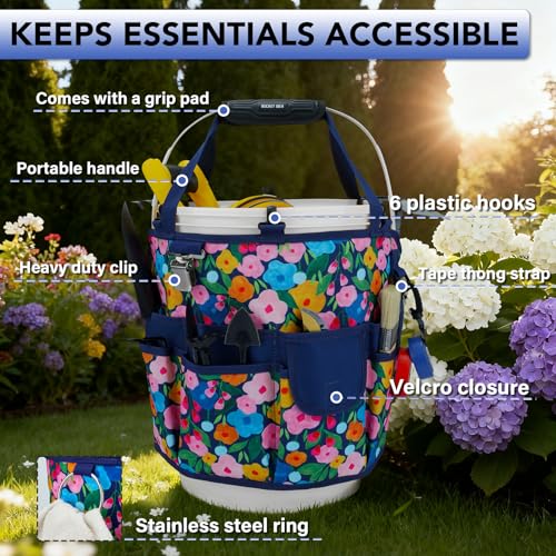 KUNN 18-Pocket Bucket Tool Organizer | Heavy-Duty 5 Gallon Bucket Caddy with Hangable Handle | Gardening Tool Bag & Garden Caddy Accessory for Gardeners, Blue - color: Blue Bloom