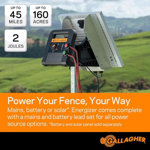 Gallagher MBS200 Electric Fence Charger | Multi-Power AC, Battery or Solar Fence Energizer | 2 Joule Livestock Charger for Portable & Permanent Fencing