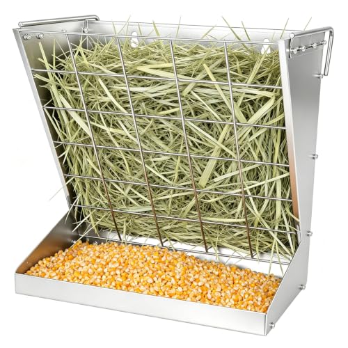 2 in 1 Wall Mount Hay and Grain Feeder, 25 Gallons Livestock Feeder | Galvanized Steel Wall Hay Rack, Hanging Hay Feeder with Mounting Kit for Goats Sheep Horse, Slow Feeder for Goats with Trough