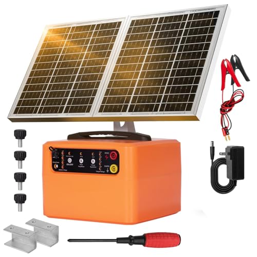 30 Miles/48km Solar Electric Fence Charger,15W Solar Powered Fencer with Adjustable 6KV to 12KV Output (0.3J-1.5J),Battery Level LCD Display,All-Weather Kit for Livestock,Deer,Farm,Yard