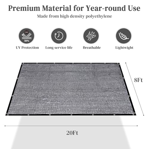 Garden 50% Shade Cloth, 8 x 20 FT Sun Shade Mesh Tarp with Reinforced Grommets, Durable HDPE Material Outdoor Shade Cloth for Plants, Greenhouse, Pergola and Backyard Patio Sunshade - size: 8 x 20 FT 50%