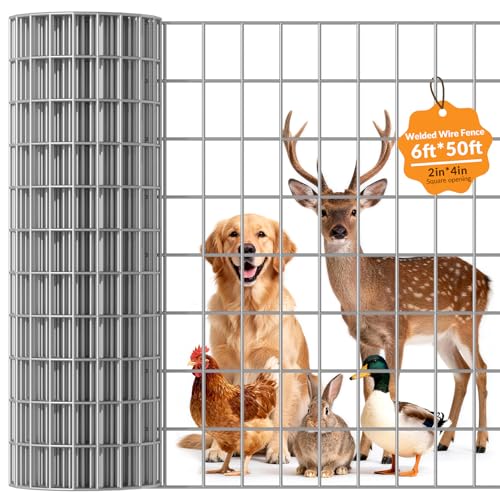 Welded Wire Fence 2‘’x 4‘’ 6ft x 50 ft,Vinyl Coated Welded Wire Mesh Roll,14GA Heavy Duty Galvanized Chicken Wire Fencing, Hardware Cloth for Yard Vegetable Protection Goat & Poultry Netting - size: 2‘’x 4‘’ 6ft x 50 ft