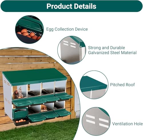 Chicken Nesting Box, 8 Compartments Roll Away Eggs Laying Boxes, Cleanable Pull Out Hen Roosting Boxes, Durable& Easy to Install, Green - color: Green, size: 8 holes