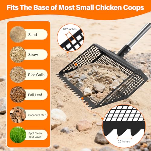 AsFrost 2-in-1 Chicken Poop Scooper & Rake for Chicken Coop | 12" Heavy Duty Litter Scooper Sand Sifting Shovel, Adjustable 26" to 76" Stainless Steel Handle for Small Farm & Sand